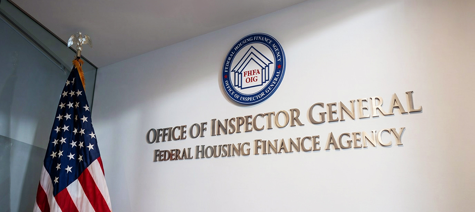 American flag next to FHFA building frontispiece
